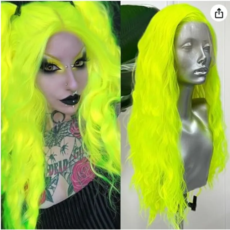 

RDY Флуоресцентный Зеленый Парик Фронта Шнурка Синтетический Парик Свободные Объемные Волны Термоволокна Волосы 24 дюйма Длинные Волнистые Парики Фронта Шнурка для Женщин