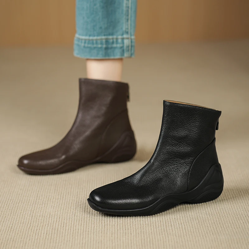 2026 new autumn winter natural leather women ankle boots 22-25cm soft sheepskin round toe back zip flat heel short boots fashion