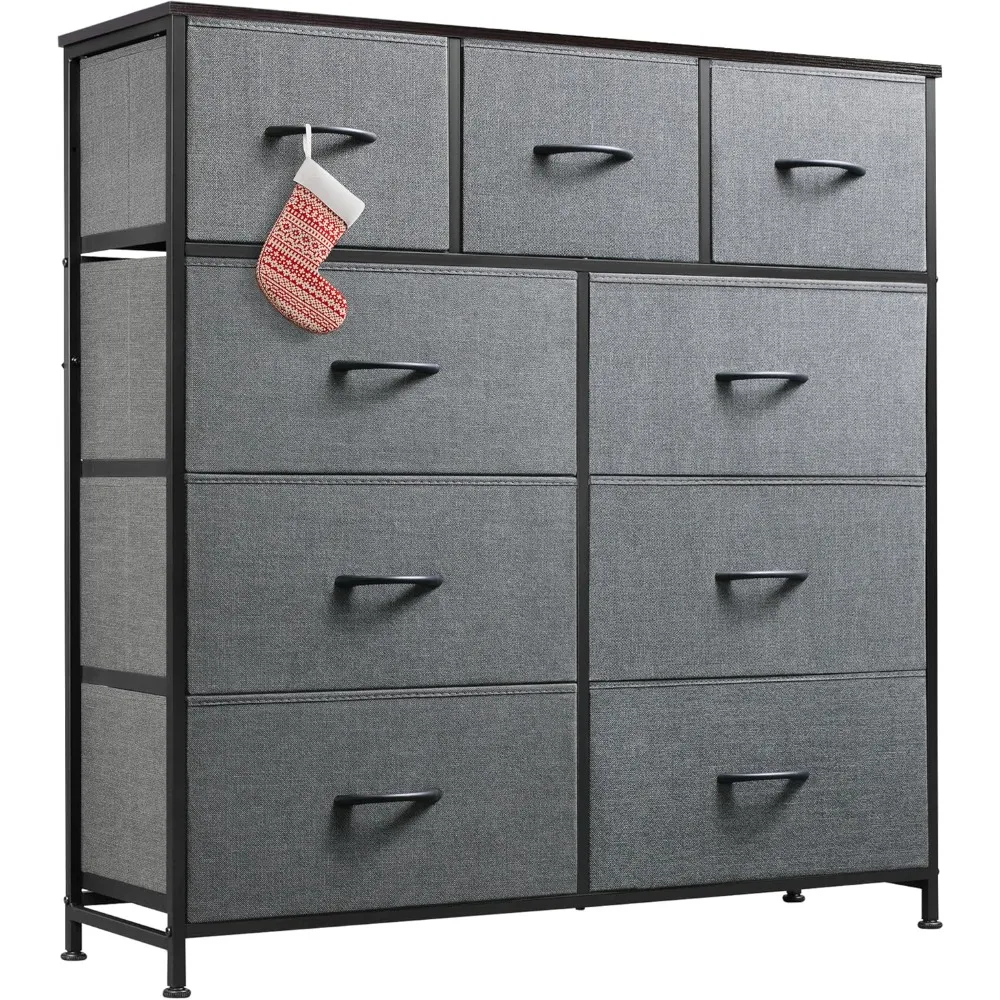 

9-Drawer Dresser, Fabric Storage Tower for Bedroom, Closet, Tall Chest Organizer Unit with Fabric Bins, Steel Frame, Wood Top