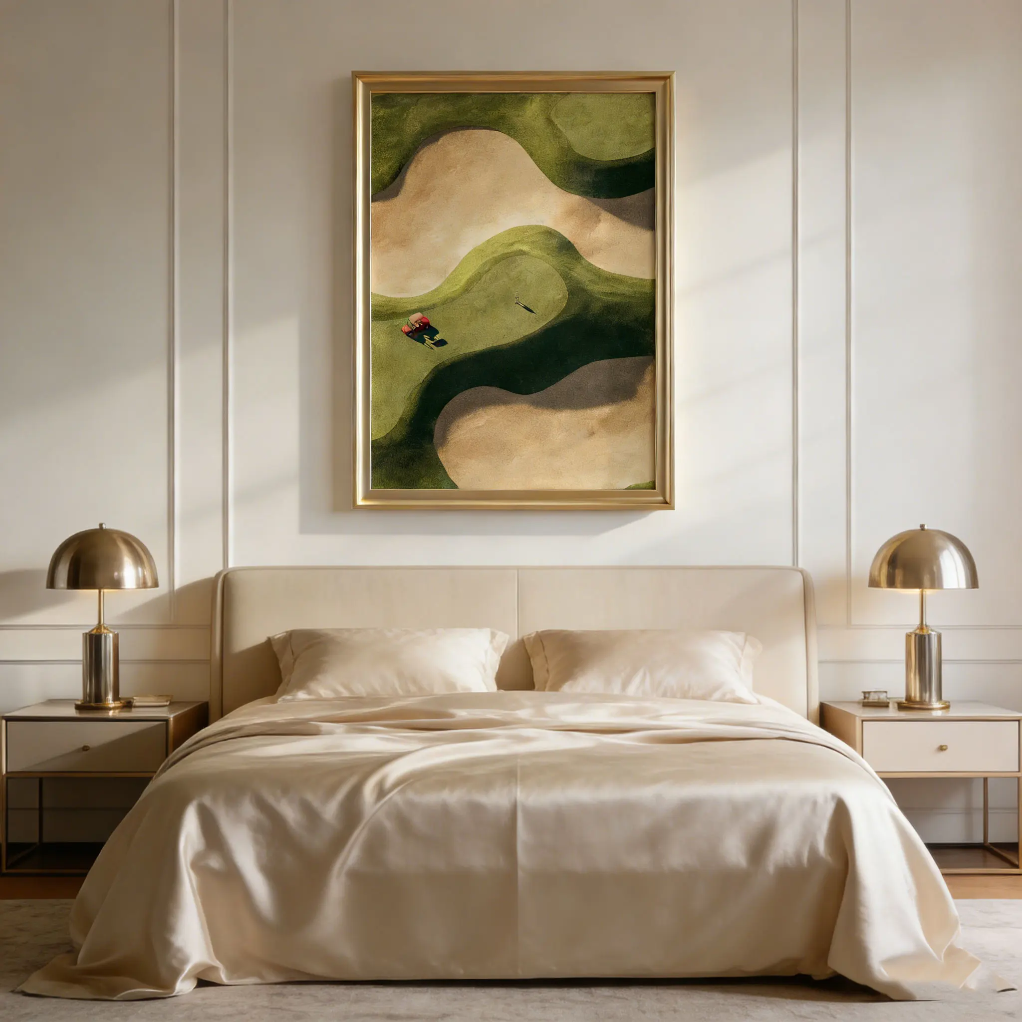 Kunstdruck „Golf Sand Trap“, minimalistisches abstraktes Kurs-Wandposter, digitales Vintage-Dekor mit kleinem Golfer und Wagen