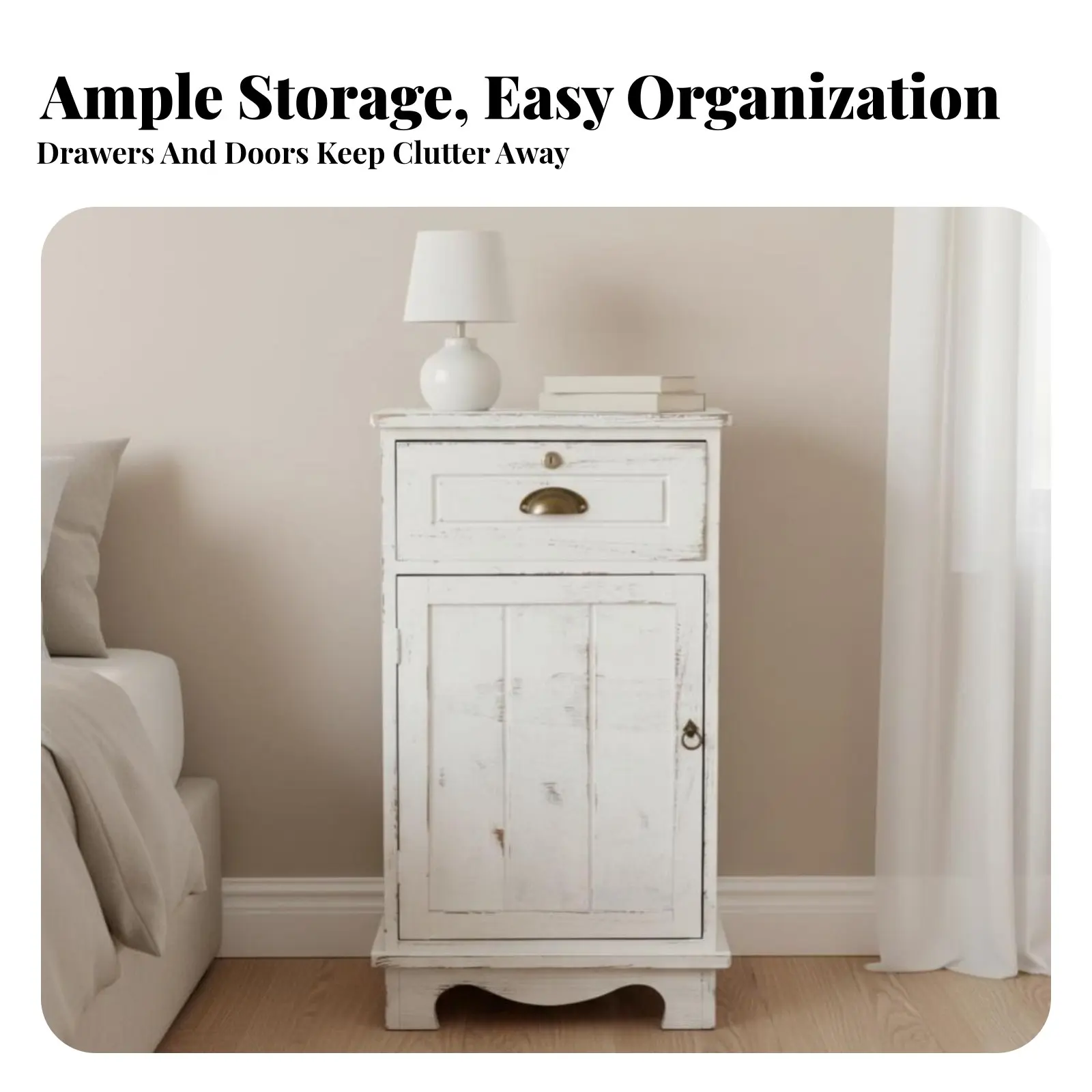Narrow Bedside Cabinet Retro Design Nightstand Distressed Finish Large Capacity for Families, Residents, Living Room, Entryway