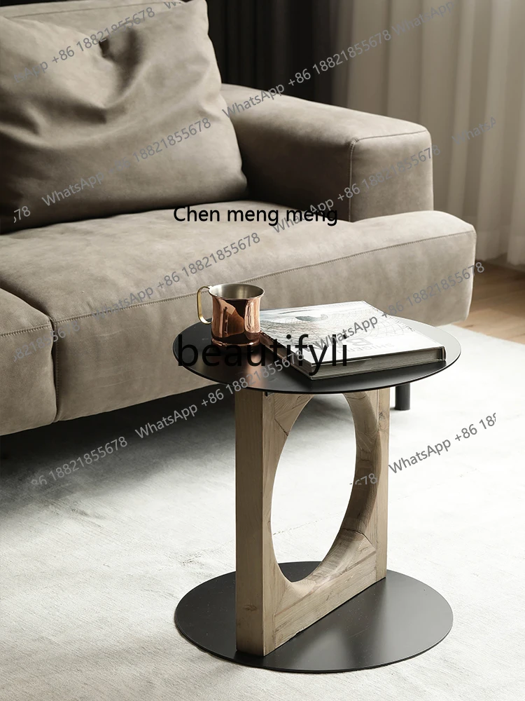 French round modern edge table pine solid wood metal steel plate retro coffee tableH