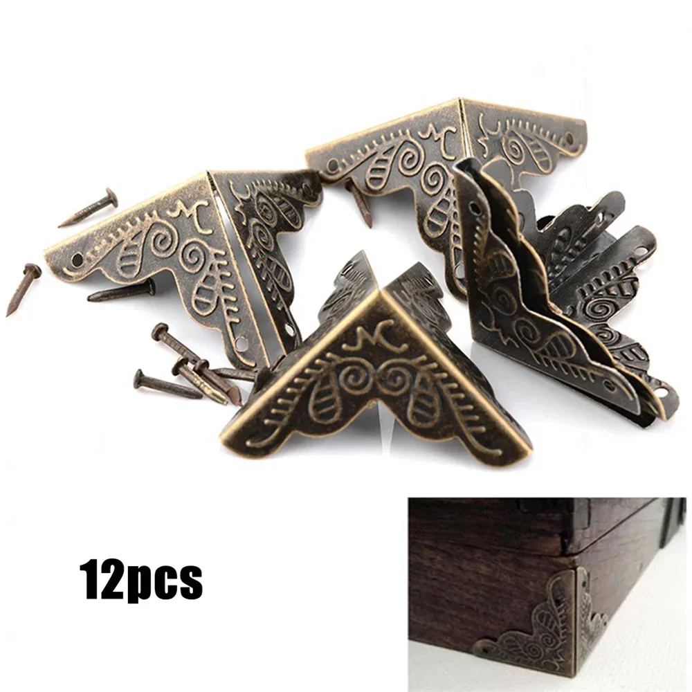 12pcs Corner Brackets Bronze Triangle Carved Cabinets Corner Protector Home Furniture Decor Wooden Box Classical Edge Protect