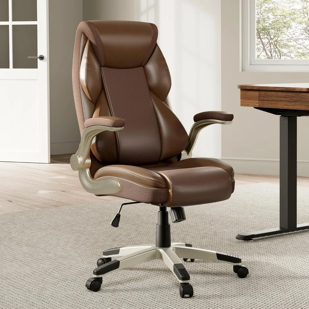 Silla de oficina ejecutiva, reposabrazos abatible hacia arriba, silla de escritorio ergonómica, silla de ordenador de piel sintética, silla de oficina con respaldo alto y reposacabezas