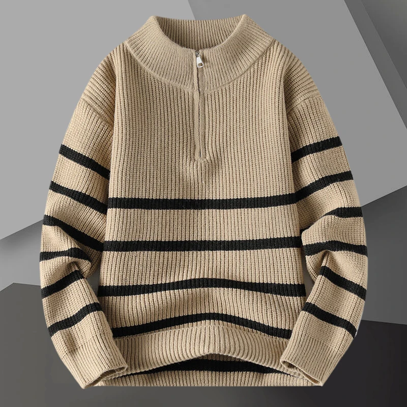 

Fall Winter Men's Warm Striped Print Knitted Sweater Half Zipper Knit Sweater Men Versatile Pull Homme Pullover Men Clothing
