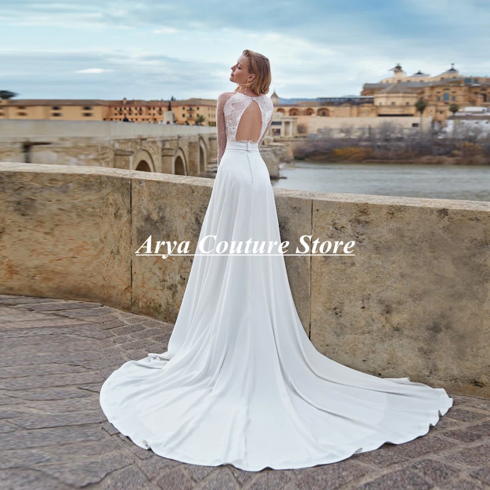 Elegant White Wedding Dress Dots Tulle Long Sleeve Lace Backless A-Line Bride Dress Sweep Train Bridal Gown Vestidos De Novia