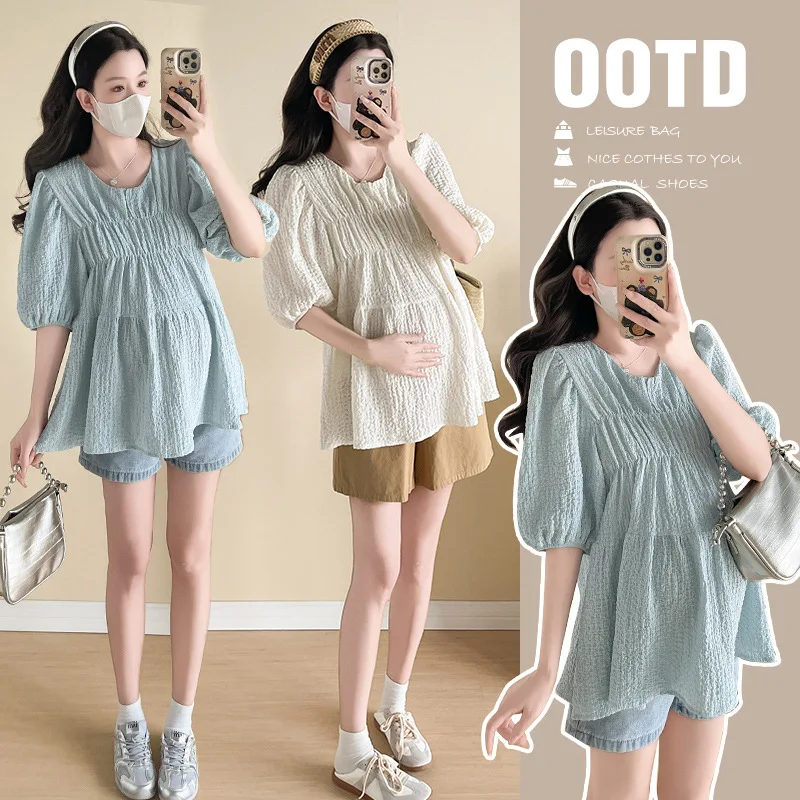

2025 New Pregnancy Blouse Fashionable Korean Inspired Babydoll Shirt Flowy Ruffle Detail Breathable Big Size Maternity Wear