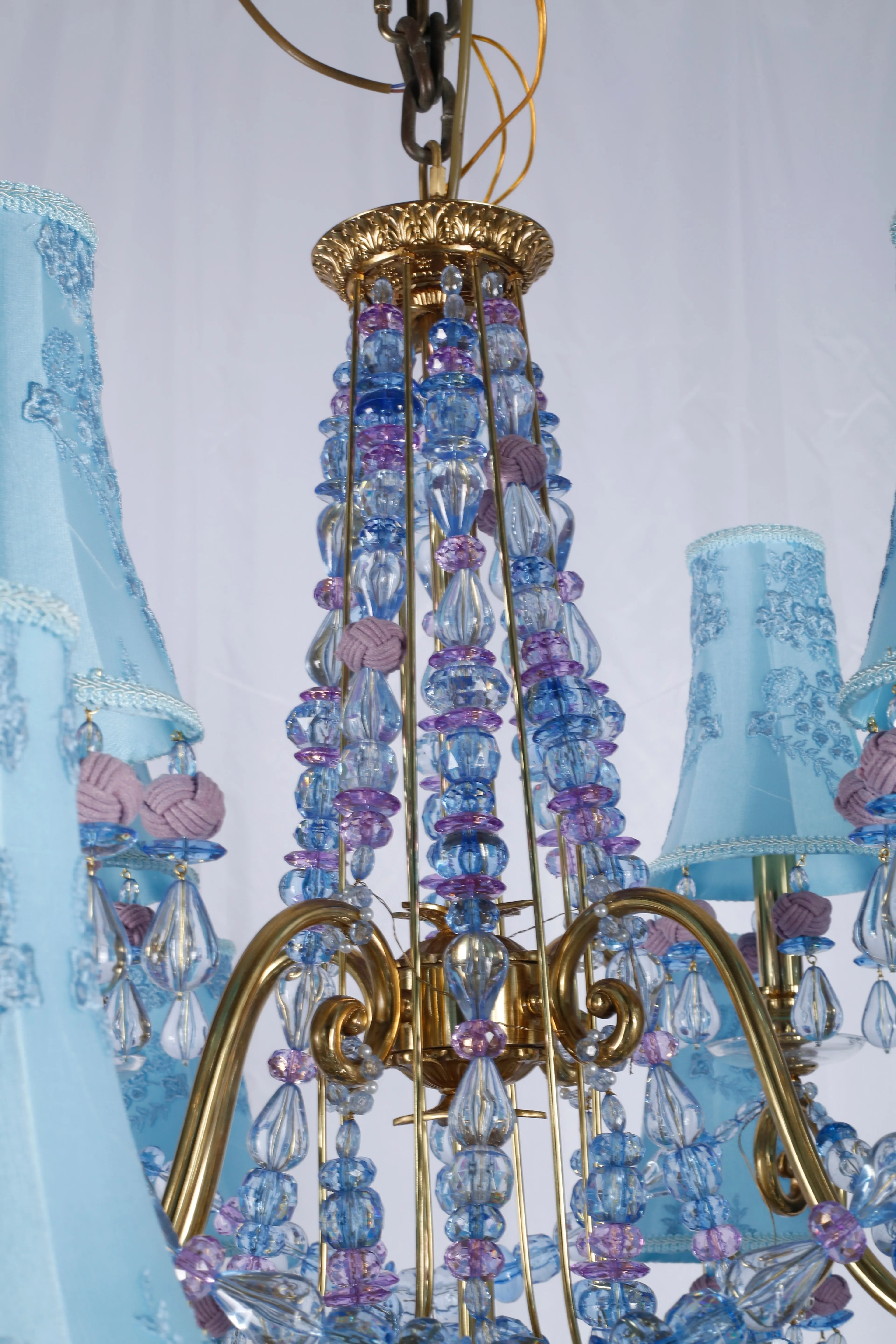 Exquisite Brass Crystal Shaded Chandelier French Luxury Blue Fabric Shade Beaded Hanging Light for Hotel Lobby