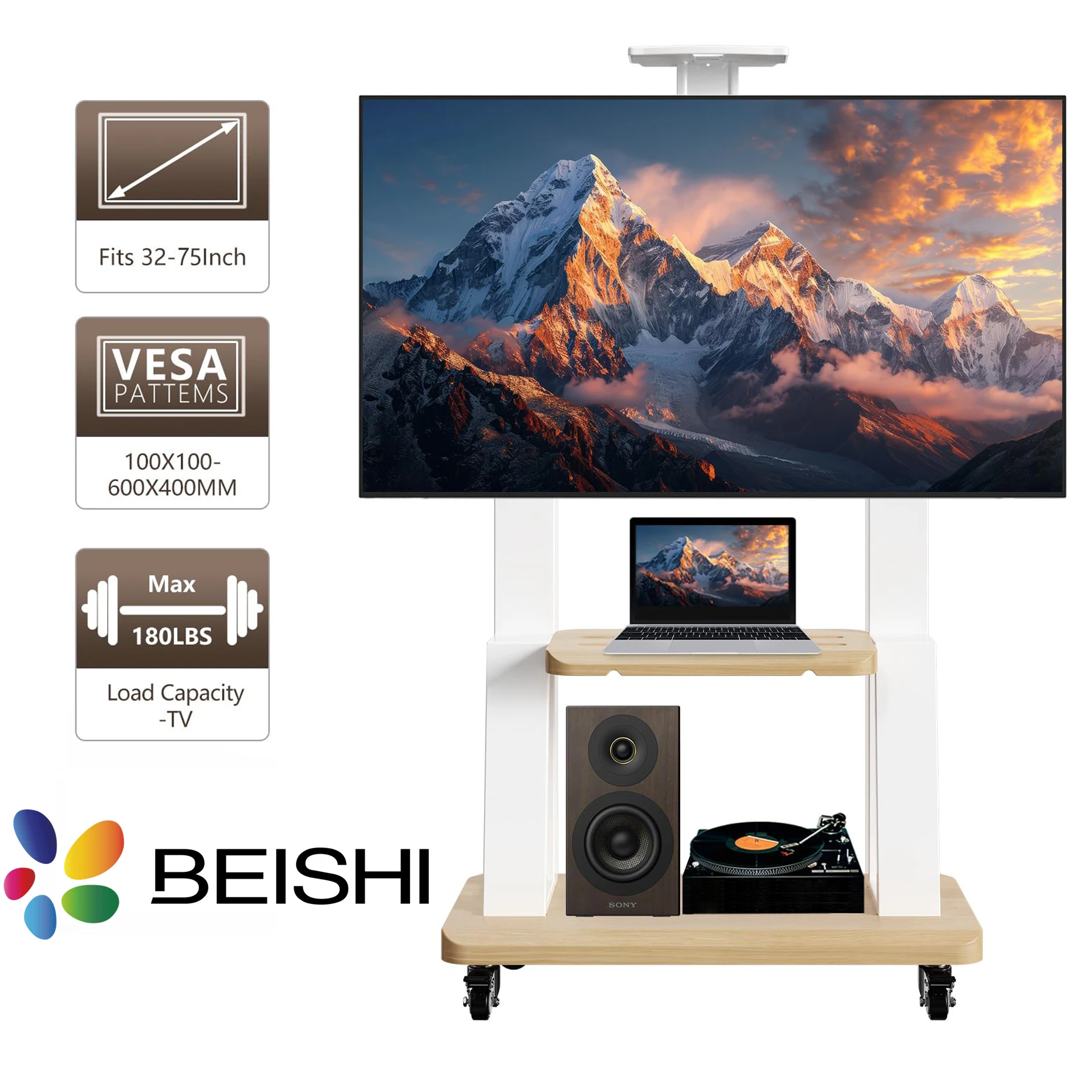 Carrinho de TV móvel para telas de 32 a 75 polegadas, suporte de TV móvel de piso rolante com roda de travamento de prateleira, altura ajustável e resistente