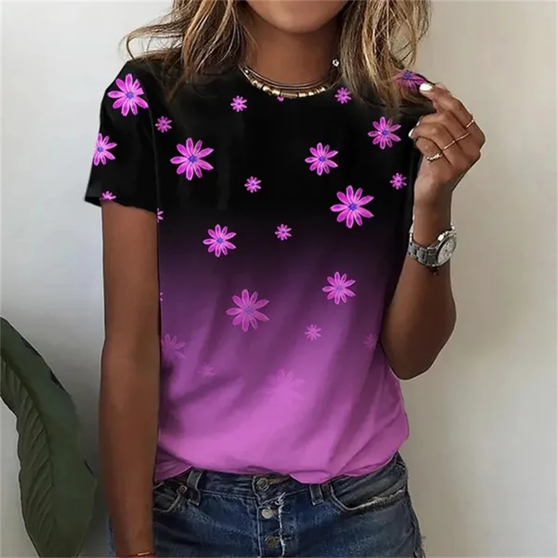 

Летние футболки с градиентом цветочного цвета и 3D принтом, женская уличная одежда, модная футболка с коротким рукавом Y2k, футболки с круглым вырезом, топы, одежда