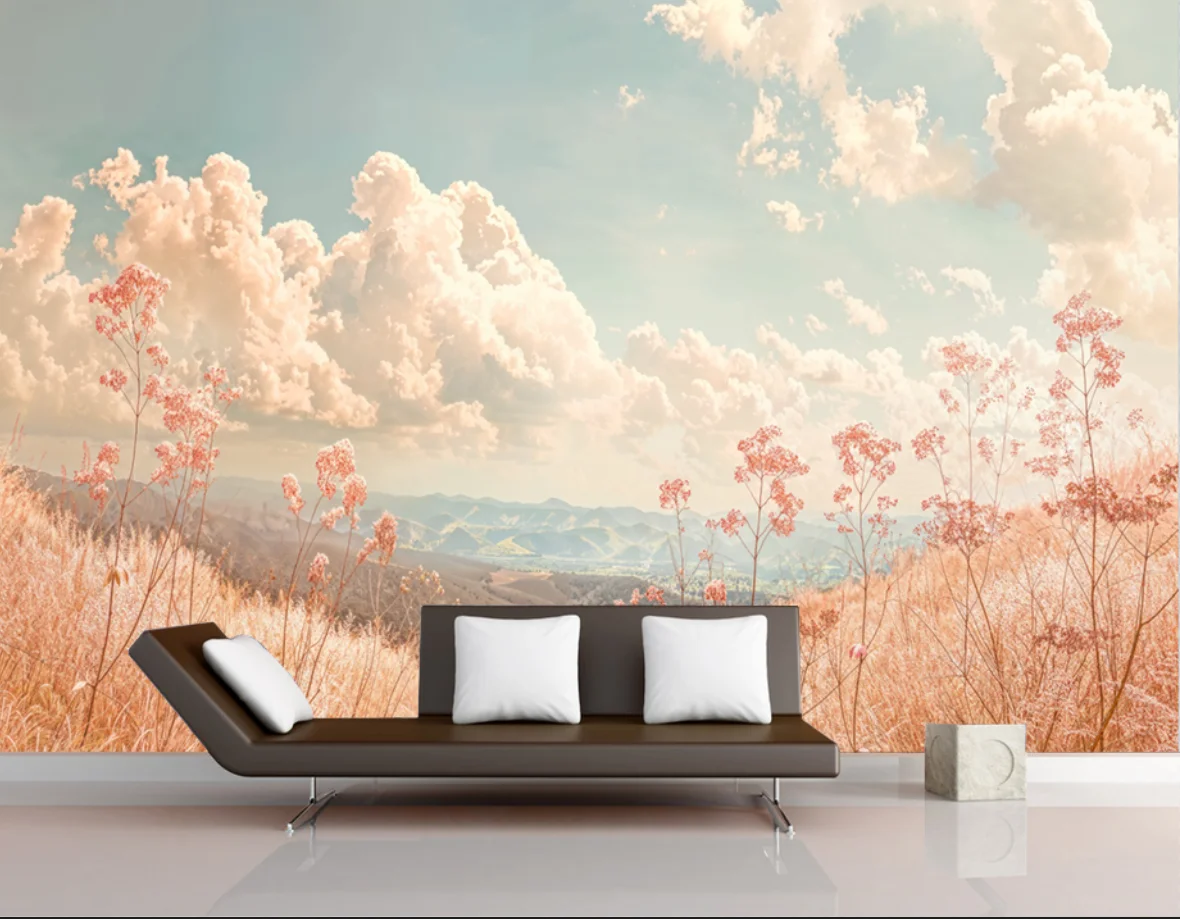Customized Size Wallpaper Pink Plants Grassland Blue Sky Clouds Children's Room Background Walls Photo Decoration 3D Wallpaper
