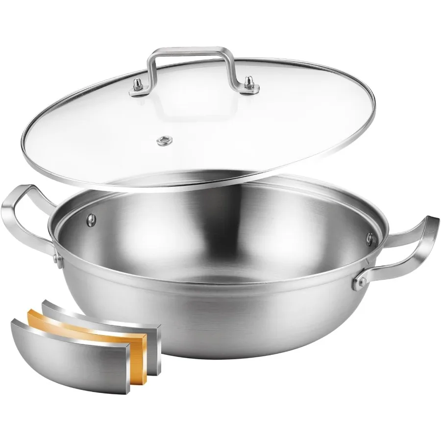 

TriPly Stainless Steel 11 inch Everyday Pan with Lid for Induction Cooktops Deep Saute Pan Ideal for Shabu Shabu Cooking HighSi