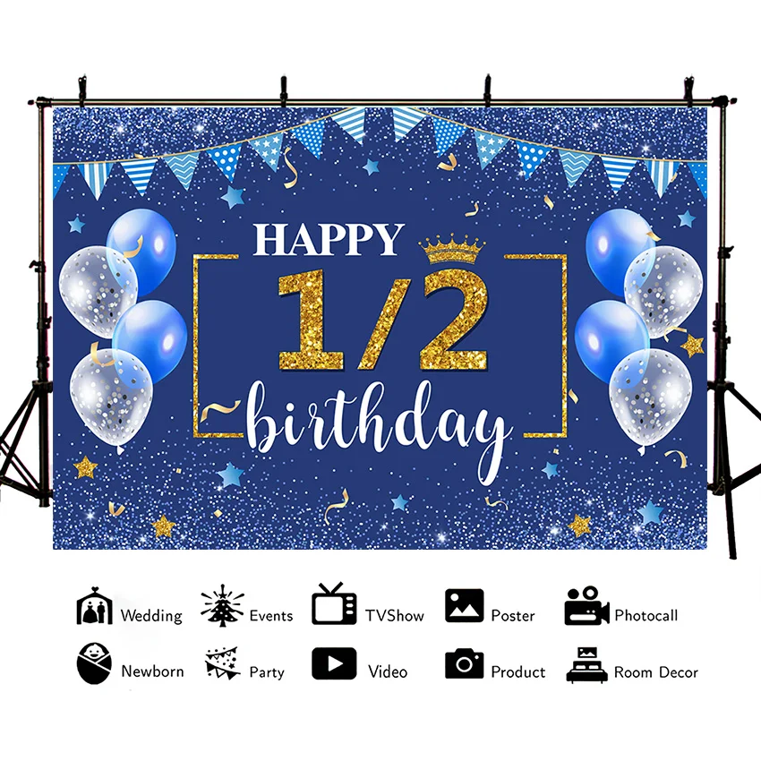 Happy Half Birthday 1/2 Backdrop Blue Glitter Half Year Boy Bday Photo Background Balloons Stars Gold Silver Decor Poster Custom