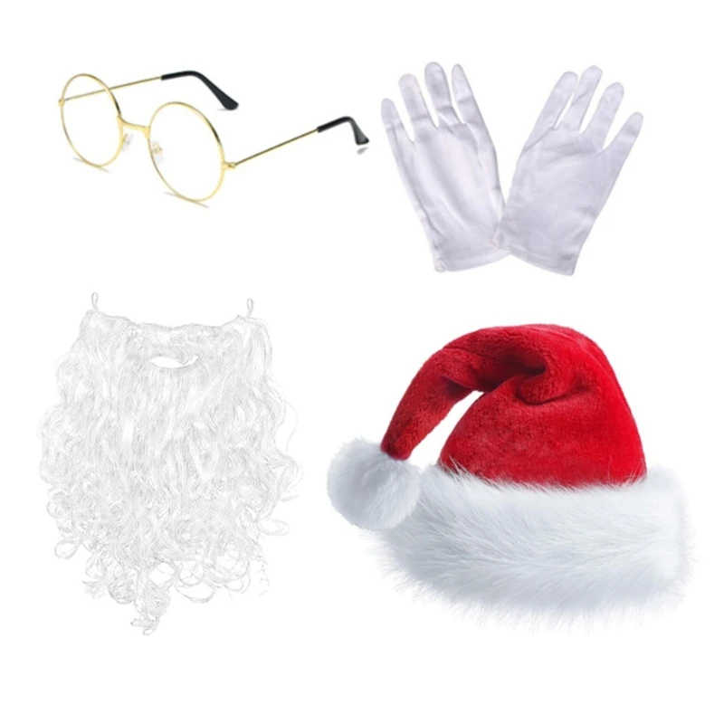 Santa Hat Beard Eyeglasses Beard Gloves Set for Christmas Santa Role Play Bachelorette Party Photo Props