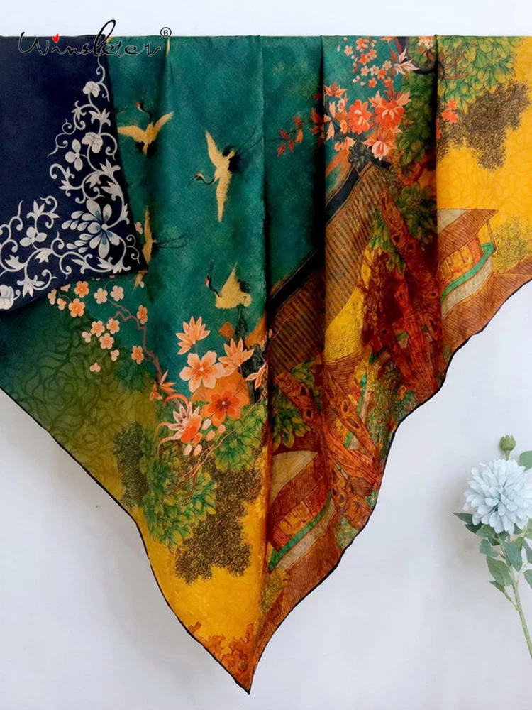

Winsleter-100%Real Silk Watered Gauze Elegant Scarf, 108*108CM Double-sided Print, Mom Retro Shawl Scarves, 2026 Spring A62250CC