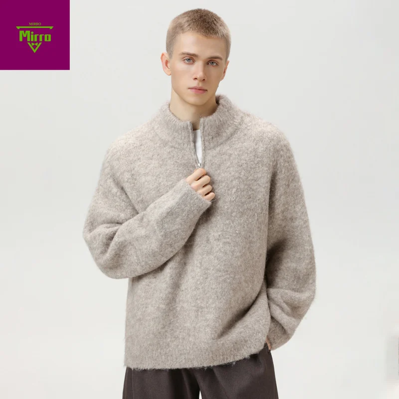 

【Mirrordust】Autumn and Winter Half-High Collar Zipped Stand Collar Knitwear Loose and Idle Pullover Thick Warm Sweater Men