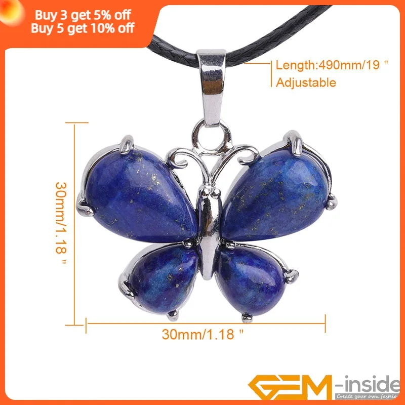 Natural Stone Lapis Lazuli Amethysts Howlite Green Aventurines Charm Butterfly Animal Pendant Leather Chain Necklace 19 Inch