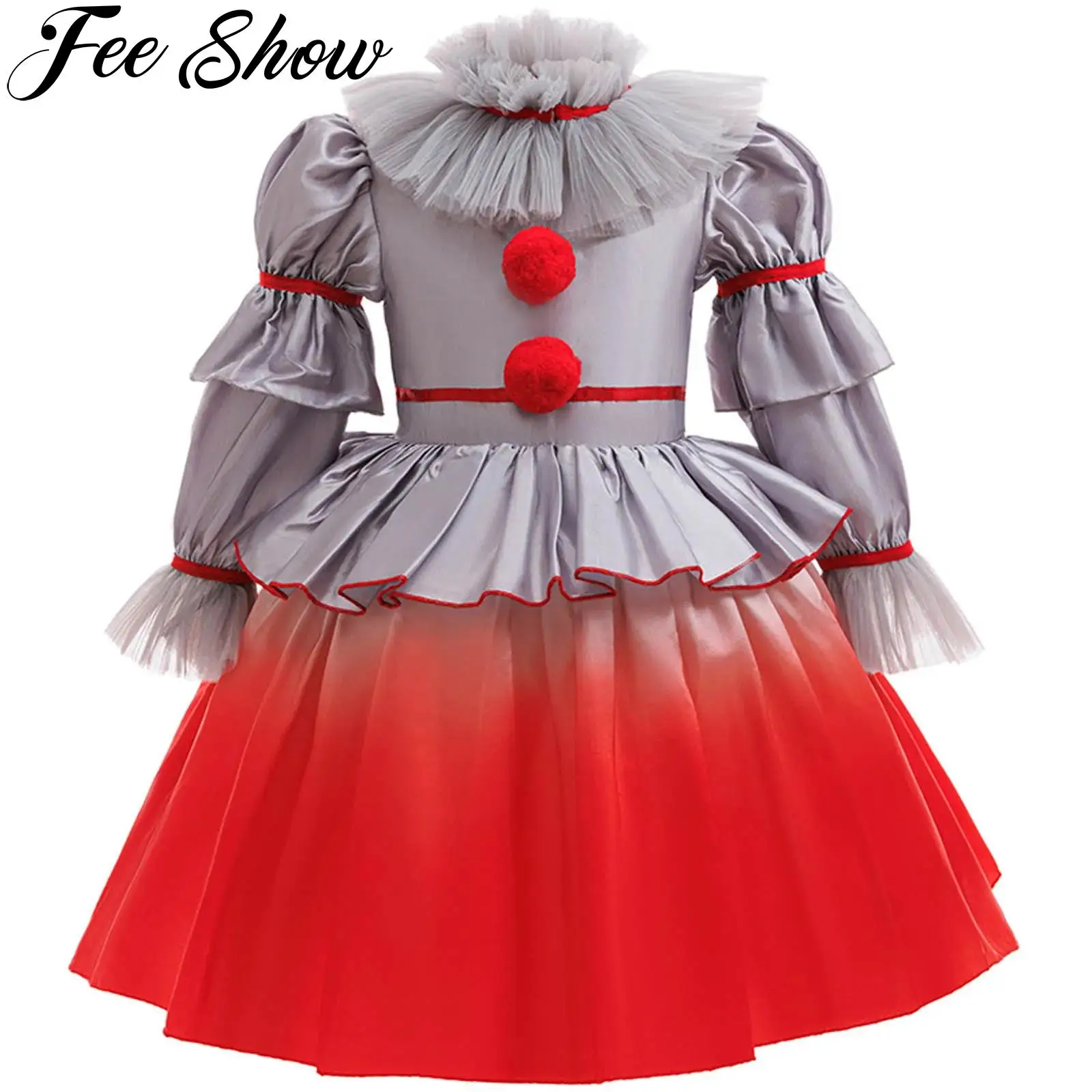 

Kids Girls Gray Clown Dress Halloween Carnival Party Creepy Joker Cosplay Costume Long Sleeve Bobbles Layered Ruffled Tutu Dress