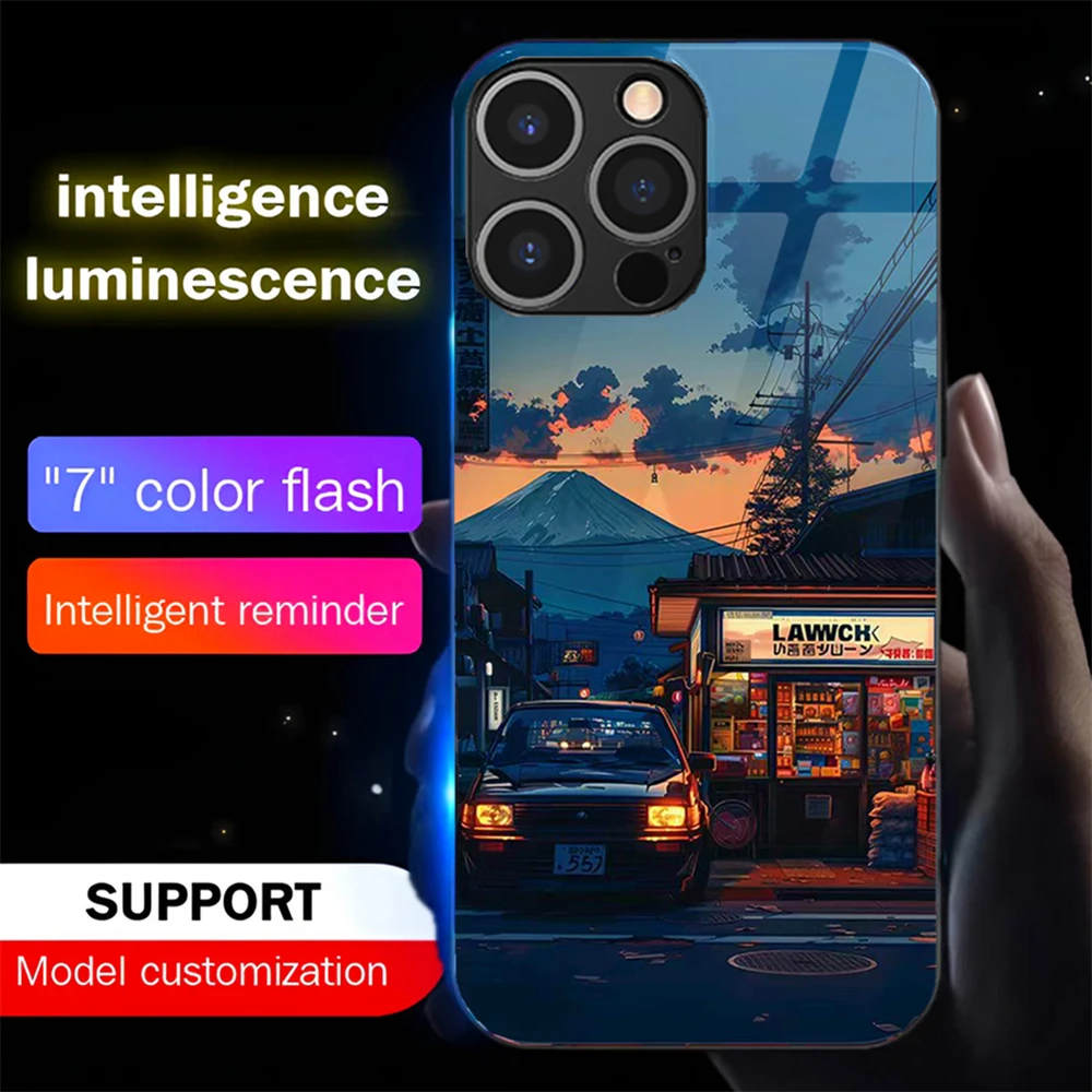 

Japanese Style Scenery Luminous Glass LED Call Light Up Flash Phone Case Cover For Samsung S26 S25 S24 S23 S22 S21 Plus Ultra