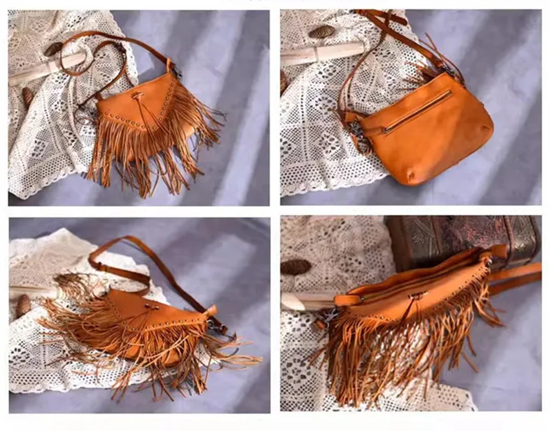 Vintage High-quality Genuine Leather Women Tassel Bag Designer Handmade Natural Soft Real Cowhide Ladies Shoulder Crossbody Bag