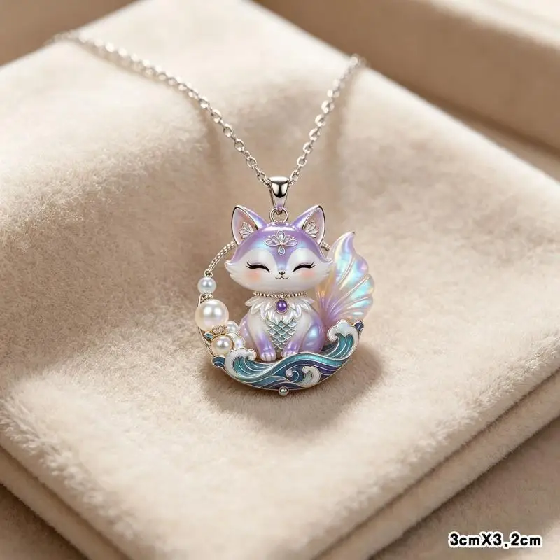 Chinese Mythology Nine-tailed Fox Enamel Pendant Necklace For Women Friends New Trendy Exquisite Daily Wear Jewelry Gifts