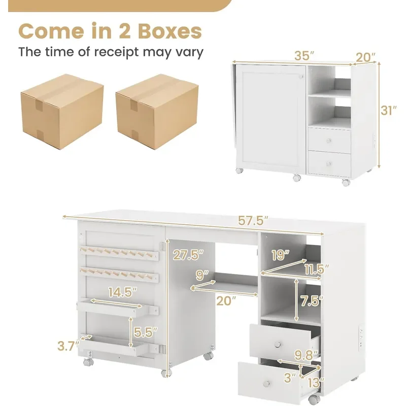 Folding Sewing Table with Charging Station Cube Storage Drawers