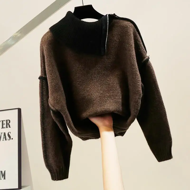 

Korean Sle Heavy Work Zipper Sweater Women's Faion Slimming Color Blo Design Winter Autumn Season Long Sve Top