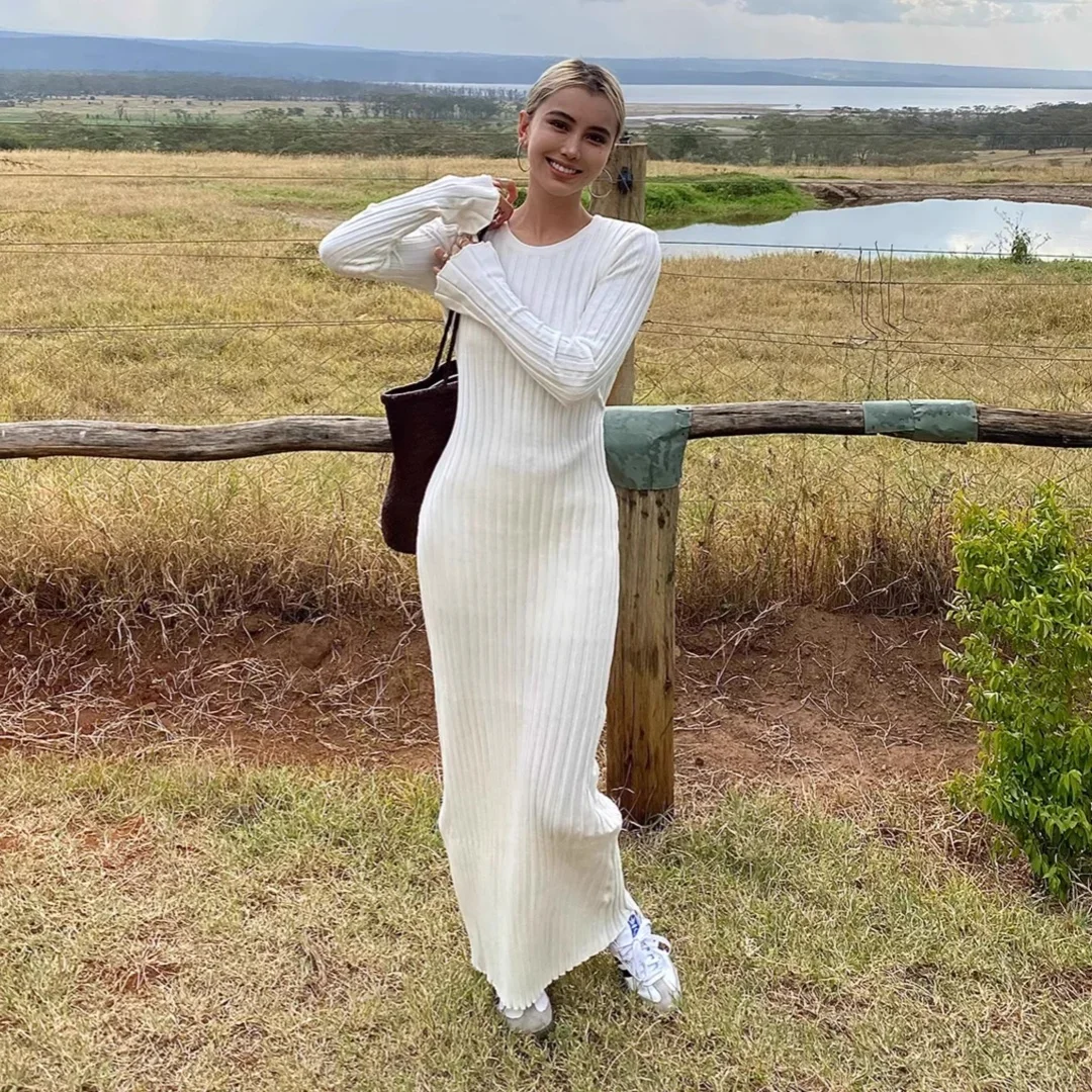 Clássico solto vestidos de malha rendas cintura alta em torno do pescoço manga longa maxi vestido roupas femininas festa de aniversário senhora robe