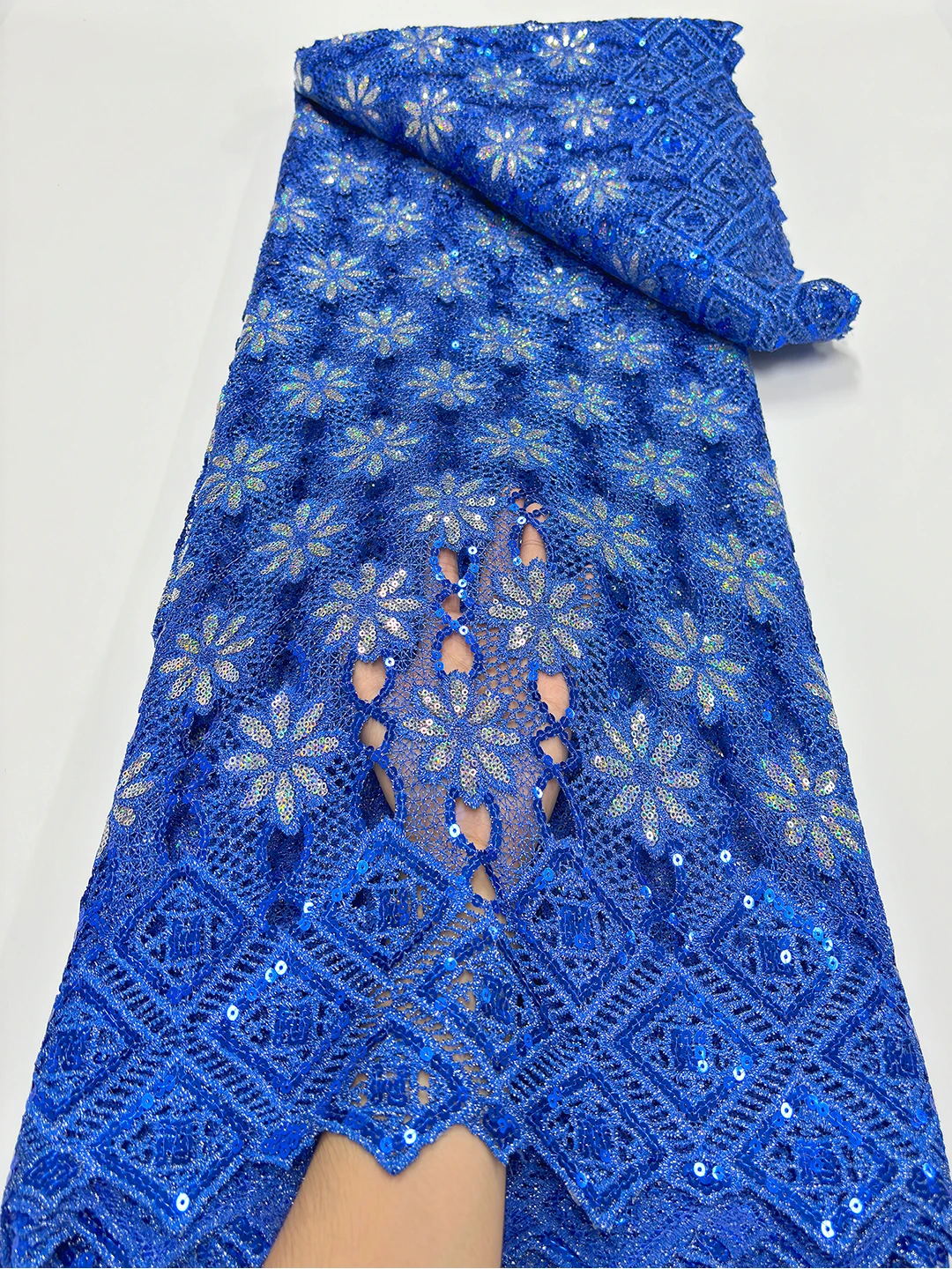 Royal Blue African Guipure Cord Lace Fabric 2024 High Quality Nigerian Water Soluble Sequins Lace Fabric For Women Wedding Dress