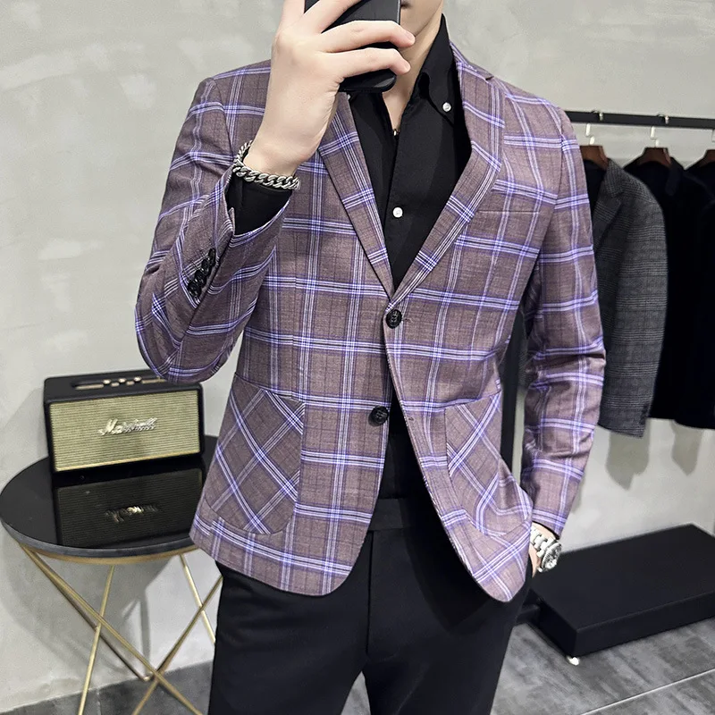 

Brand Clothing Spring Plaid Men Blazers Fashion Casual Business Suit Jacket Slim Fit Wedding Groom Dress Coat Blazer Masculino