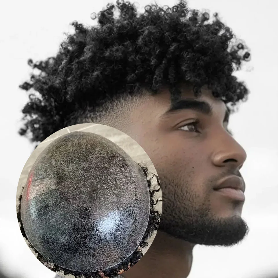 

Natural Frontline 8mm Kinky Curly Afro Man Toupee Durable Microskin Full PU Silicon Black Dark Brown Grey Human Hair Hairpieces