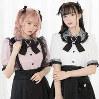 Japanese Kawaii Lapel Neck Bow Shirts Women Summer Short Sleeve Lace Lolita Blouses Y2k Grunge Heart Button Blusas Mujer 4