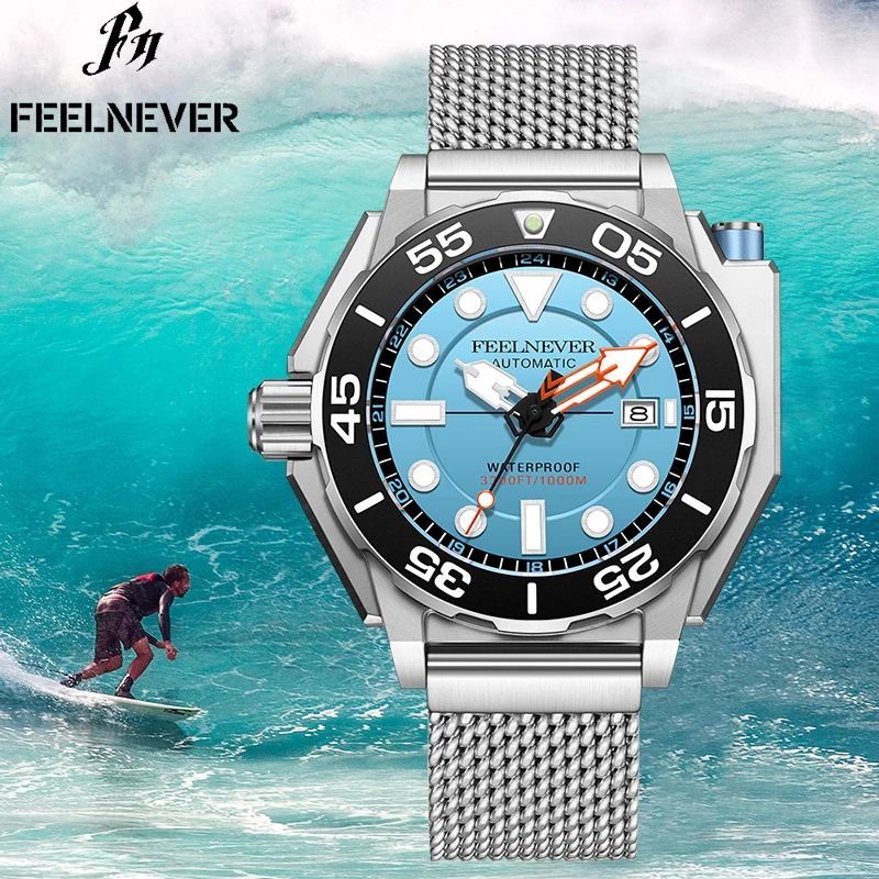 FeelNever Top Brand Luxury Mechanical Watch Rotating Bezel Sports Automatic Watches for Men Stainless Band Waterproof Man Clocks