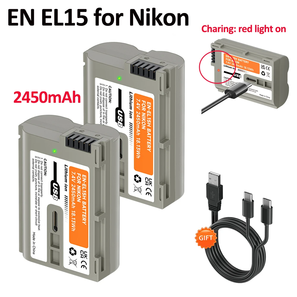 2450mAh for EN EL15 EN-EL15C EN-EL15A Battery with USB Port EN-EL15 Battery for Nikon Z5 Z6 II Z7 D7000 D7100 D7200 D850 D750