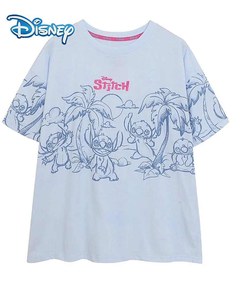 

Женская футболка с вышивкой и принтом Disney Stitch Little Monster, пуловер с короткими рукавами и круглым вырезом, футболки, синяя уличная женская одежда