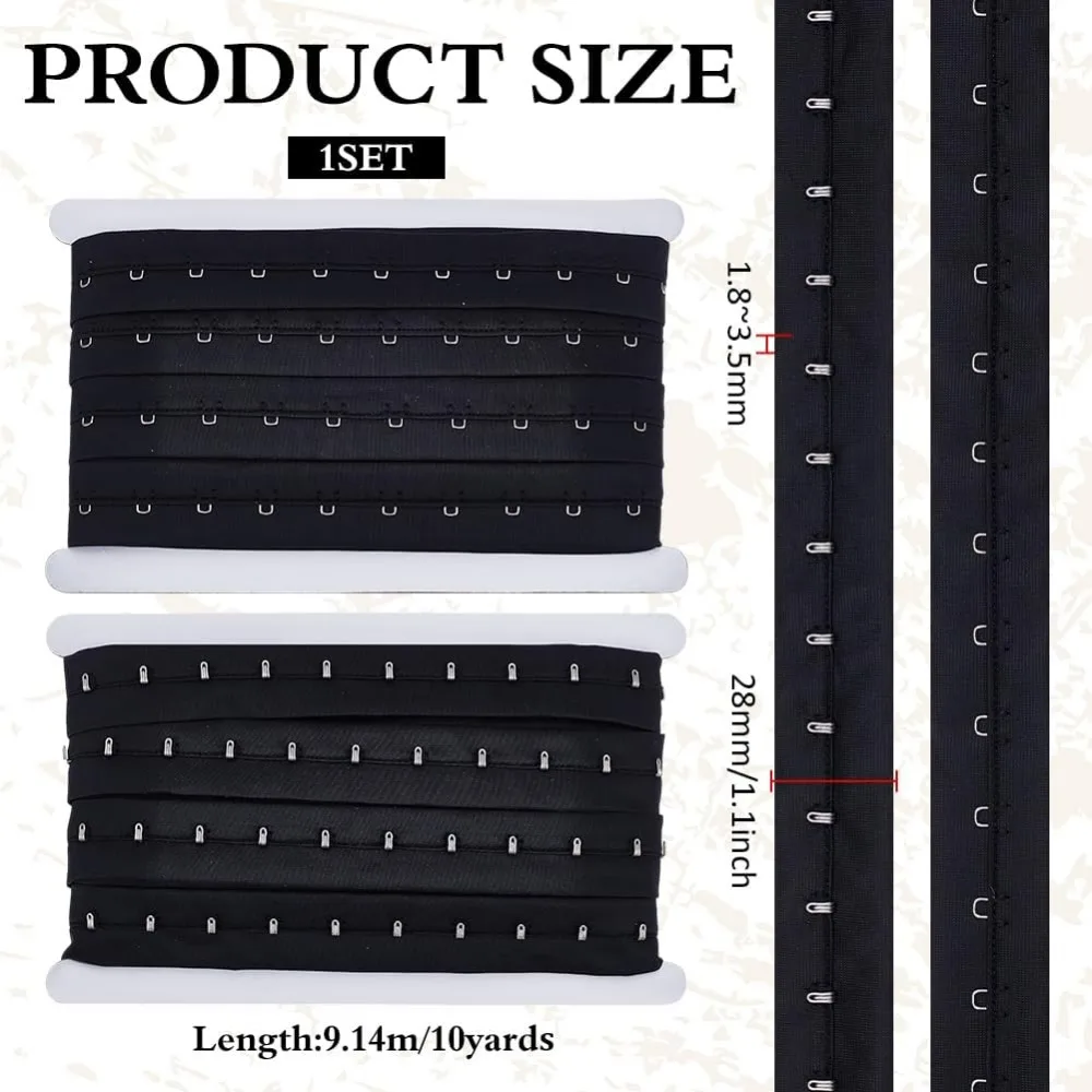 10 Yards Single Row Hook and Eye Tape Trim 1.1 Inch Black Polyester Bra Extender for Sewing Quilting Corset Bra Bridal Apparel
