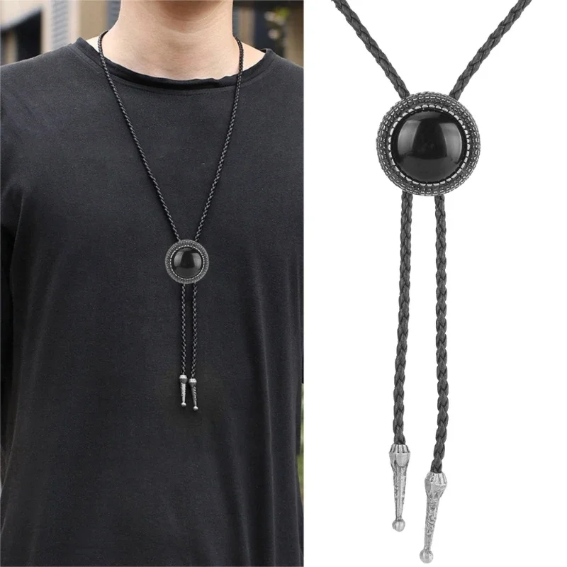 

Round Stone Cowboy Bolo Tie Western Braided Artificial Leather Rope Necktie Jewelry Shirt cOLLAR Chain American Necklace