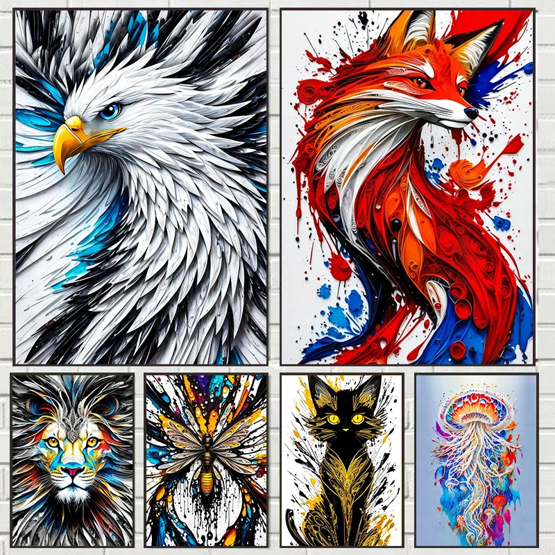 Abstract Splash Art Posters White Cat Lion Honey Eagle Canvas Printing Prints Modern Wall Art Picture for Bedoom Home Decor