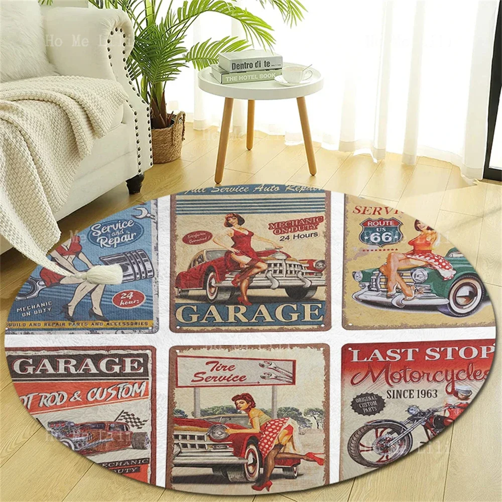 24 Pieces Of Retro Gas And Oil Tank Signage Vintage Car Logo Sexy Ladies Design Floor Round Carpet Room Decoration