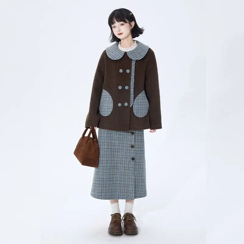 

Skirt Suit Double-Breasted Doll Collar Woolen Coat Jacket Women Winter New Plaid Skirt Design Retro Two-Piece Set