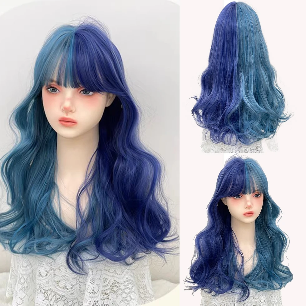 Synthetic Dual Tone Wig Women's Long Hair Cigarette Ash Blue Tone Lolita Witch Dream Long Curly Hair Dyed Bangs Full Head Cover