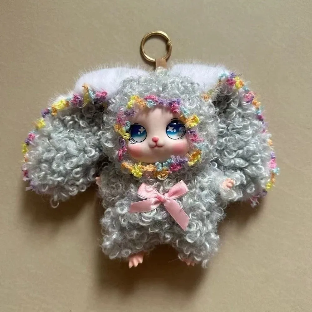 Cartoon Big Ear Curly Hair Rabbit Figures Bag Hanging Decorations Rabbit Keychain Vinyl Fluffy Bunny Pendant Lady/Girls