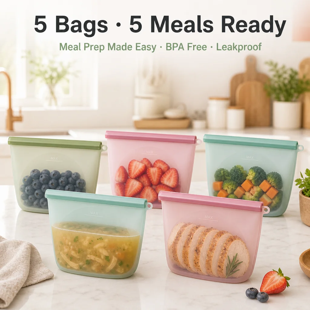 5-Pack Silicone Food Storage Bags Reusable Leakproof BPA Free Meal Prep Containers Stand Up Freezer Dishwasher Safe Zero Waste