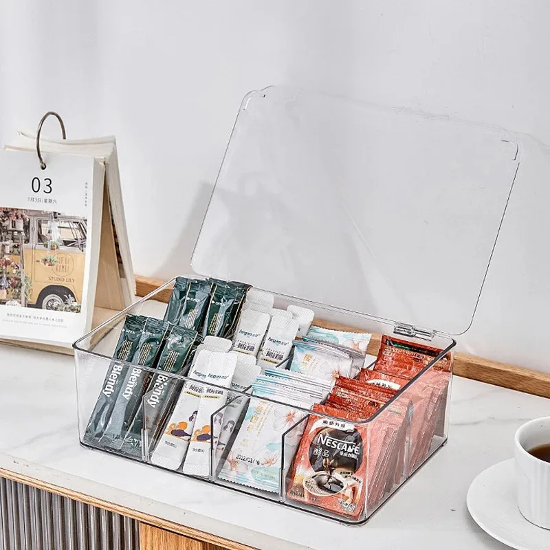Caja de Almacenamiento Transparente Multifuncional con Tapa Abatible, Caja de Almacenamiento con Compartimentos para Bolsitas de Café y Té, Caja de Almacenamiento de Cosméticos de Escritorio