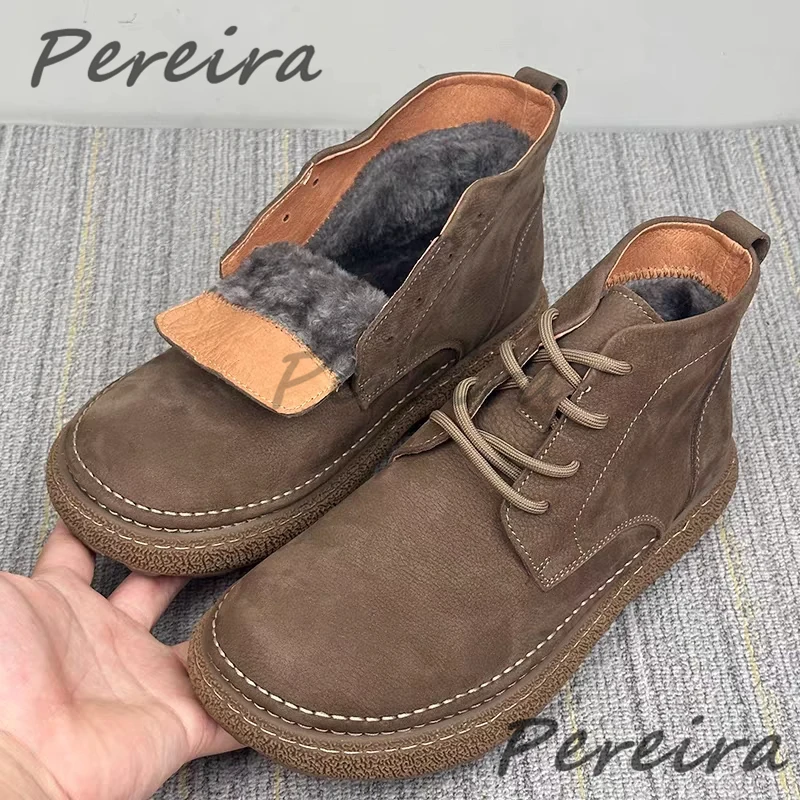 Winter Warm Plush Short Boots for Men Women Retro Cowhide Round Toe Soft Soled Lace Up Work Boots Fashion Couple Casual Shoes