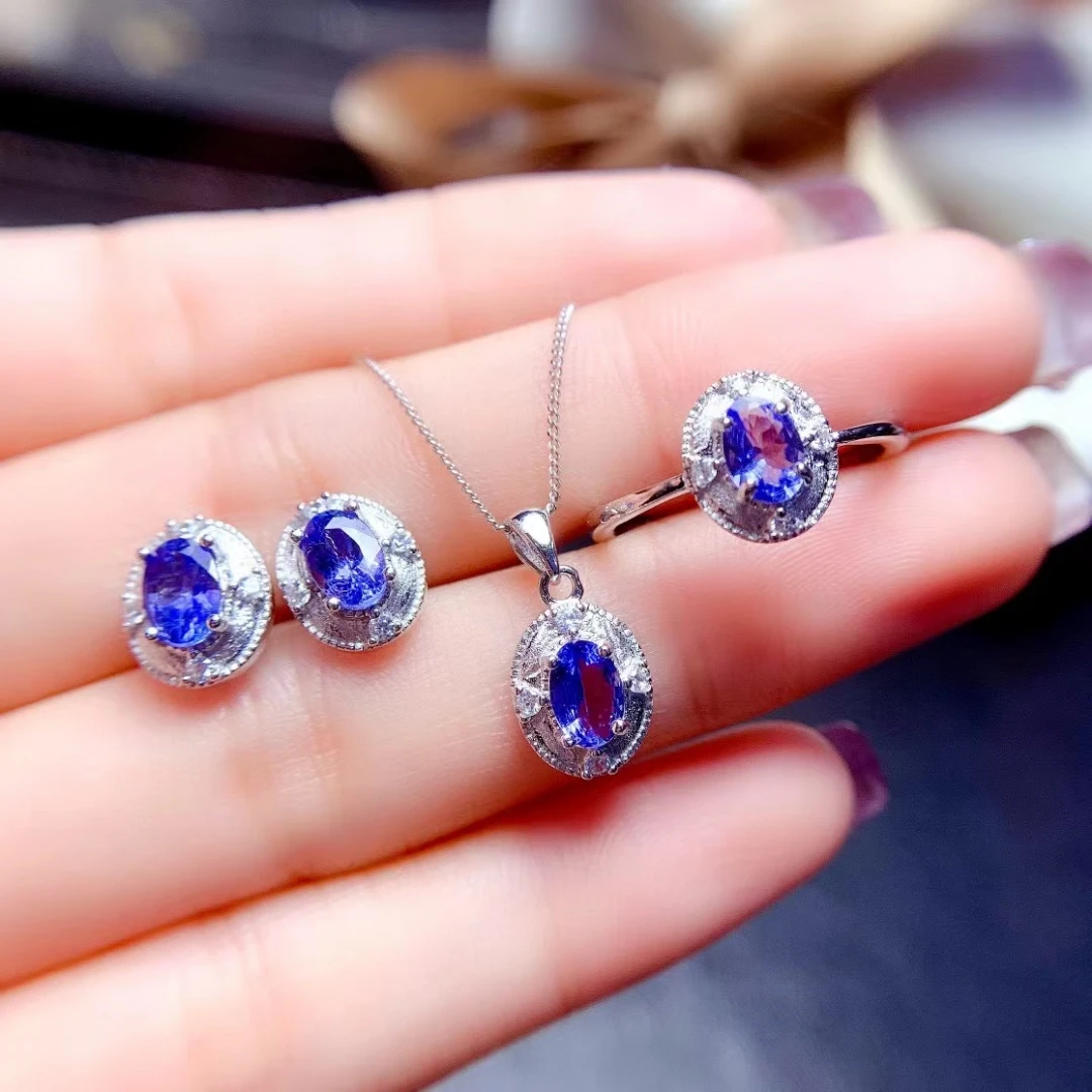 

Handmade Pure 925 Silver Jewelry Set for Wedding 4mm*6mm 2ct Natural Tanzanite Ring Earrings Necklace with 18K Gold Plating