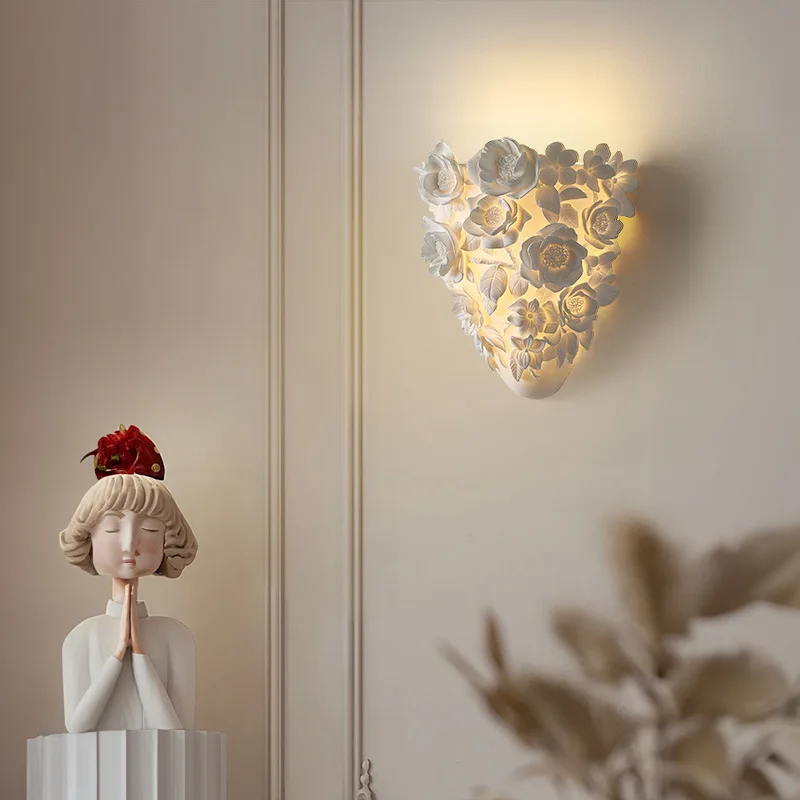 French Retro Carved Wall Lamp Background Wall Home Decoration Modern Simple Resin Flower LED Light