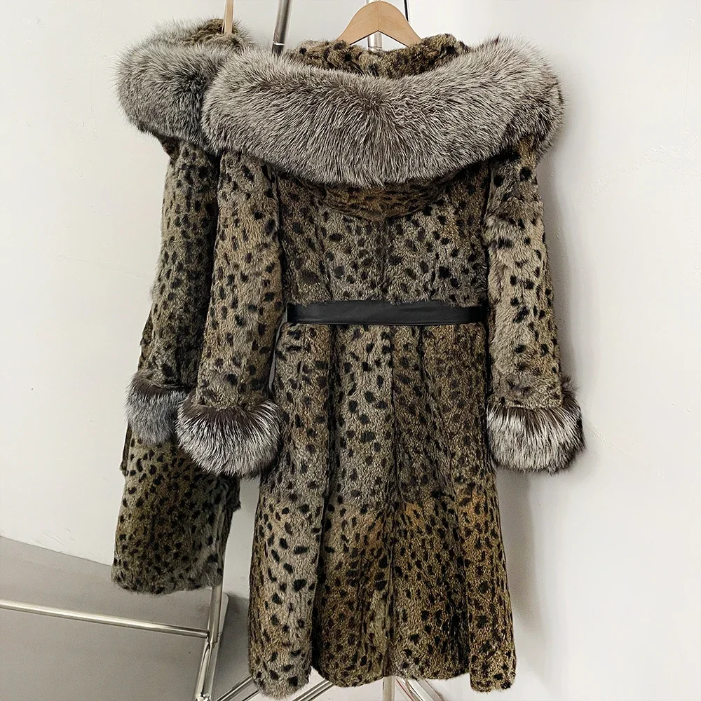 OFTBUY Kapuzenjacke mit Gürtel, Damen, Neu, warm, mit natürlichem Fuchspelzkragen, Winterbekleidung, Damen, Leopardenmuster, echter Kaninchenpelzmantel. – Detail 15