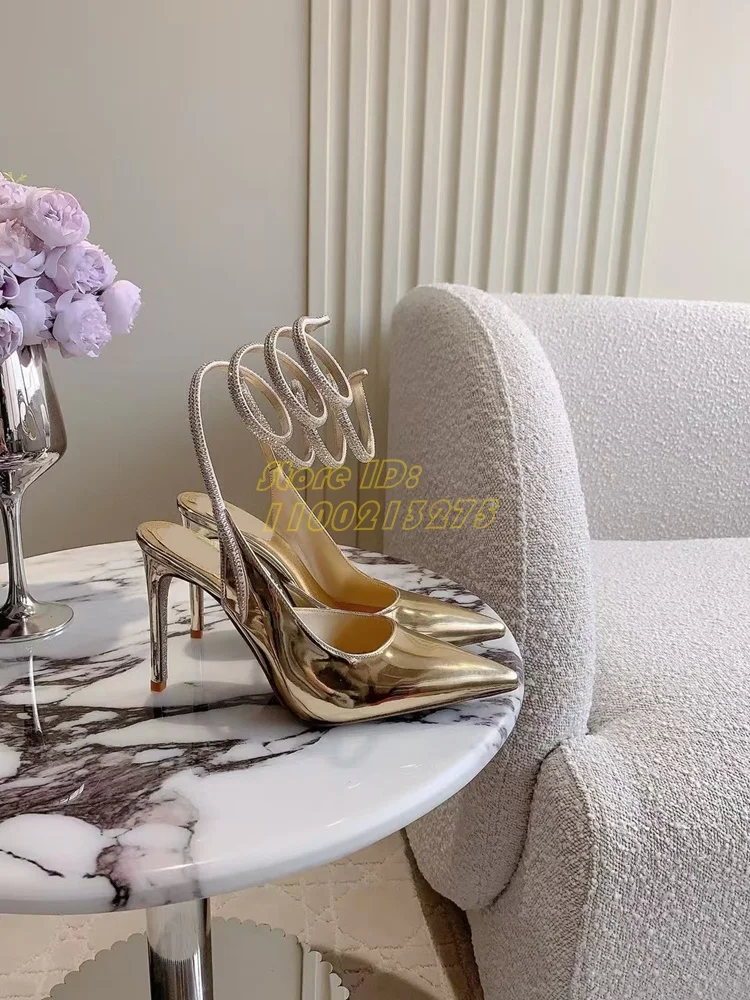 Gold Metallic Ankle Wrap Pumps Stiletto Thin High Heel Sexy Pointy Toe Runway 2025 Spring Autumn Women Dress Shoes Solid