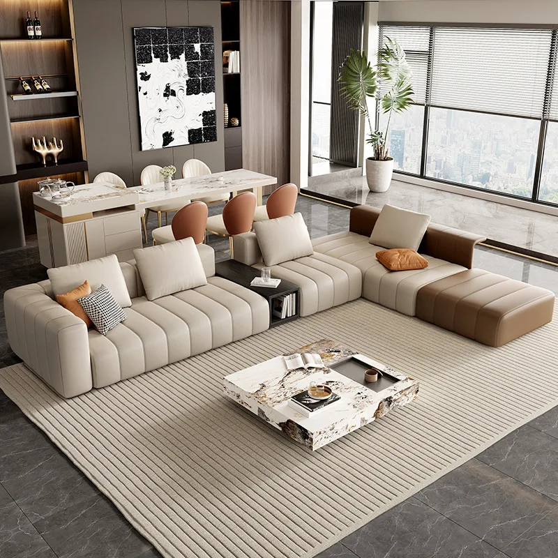 Piano key sofa designer minimalist villa large flat living room furniture light luxury corner leather combination 4